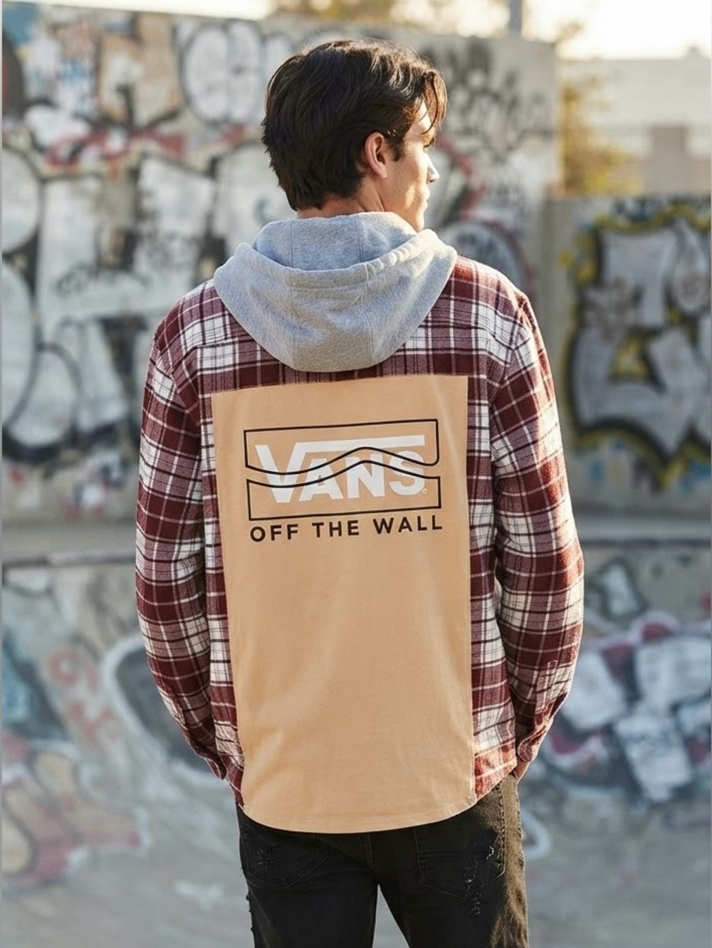 Upcycled American Eagle Plaid Flannel Vans Tee Graphic Removable Hood Size L